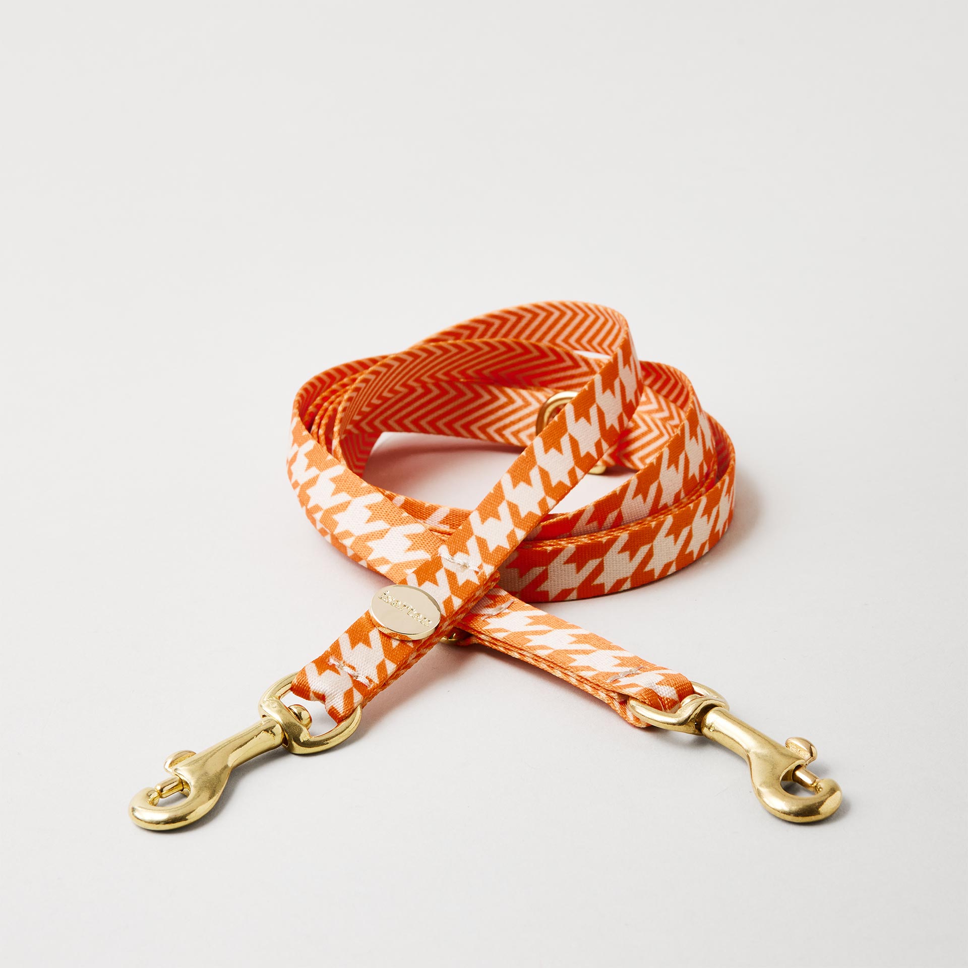 Verstellbare Hundeleine Wandler Gurtband mit Hahnentritt Aufdruck in 15mm Breite goldfarbene Mini-Karabiner