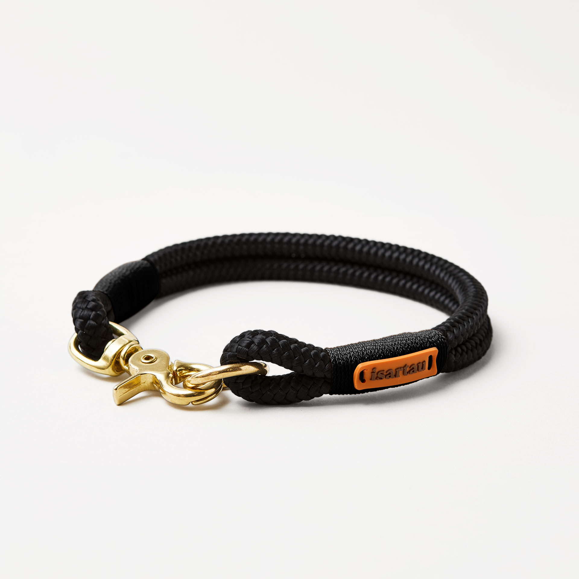 Hundehalsband aus Tau Black Mamba Schwarz 10 mm mit Messing-Beschlägen, schwarzes Tau mit schwarzer Takelung