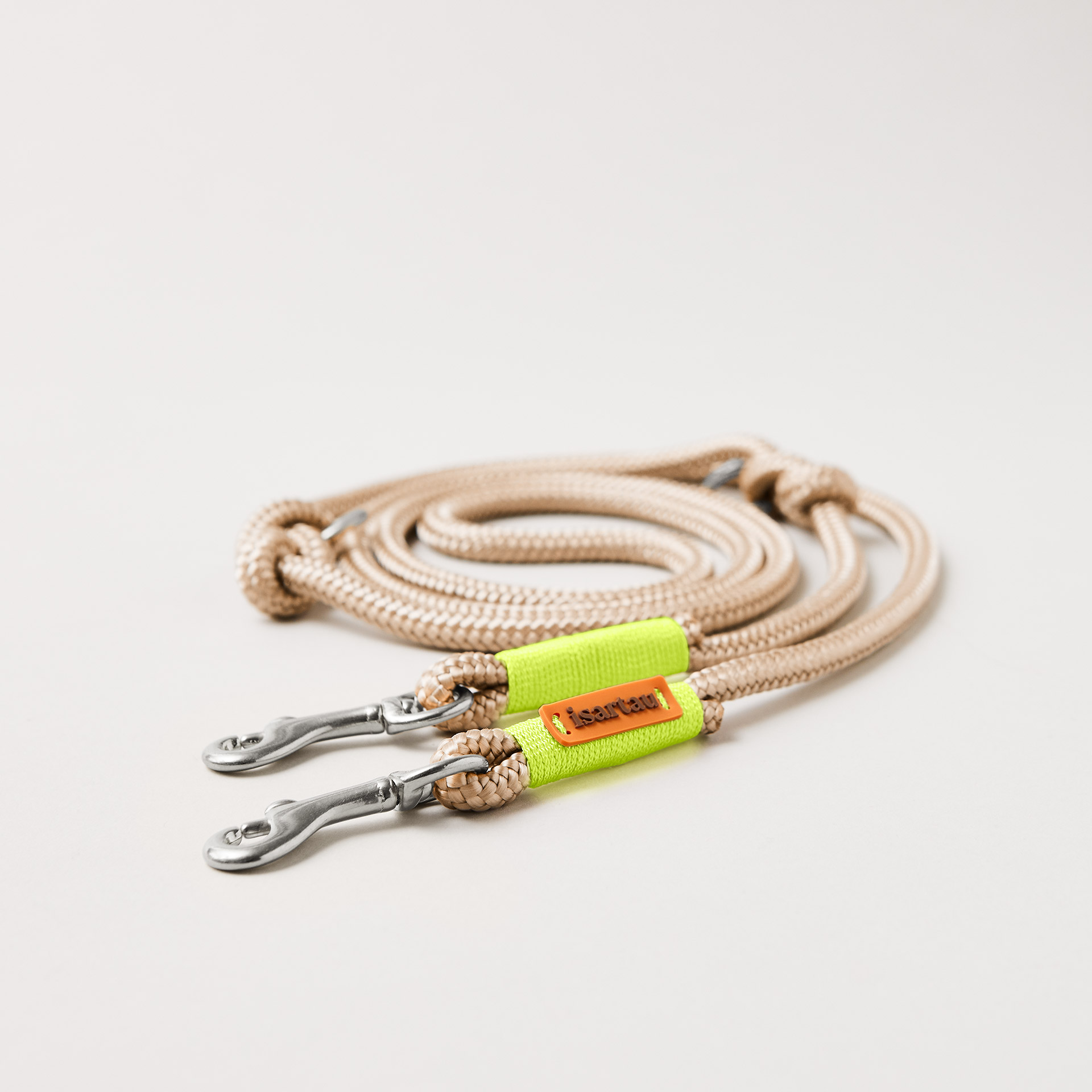 Hundeleine aus Tau Wood Owl Neongelb, 8 mm, verstellbar mit silberfarbenen Bolzenkarabinern, beiges Tau mit neongelber Takelung