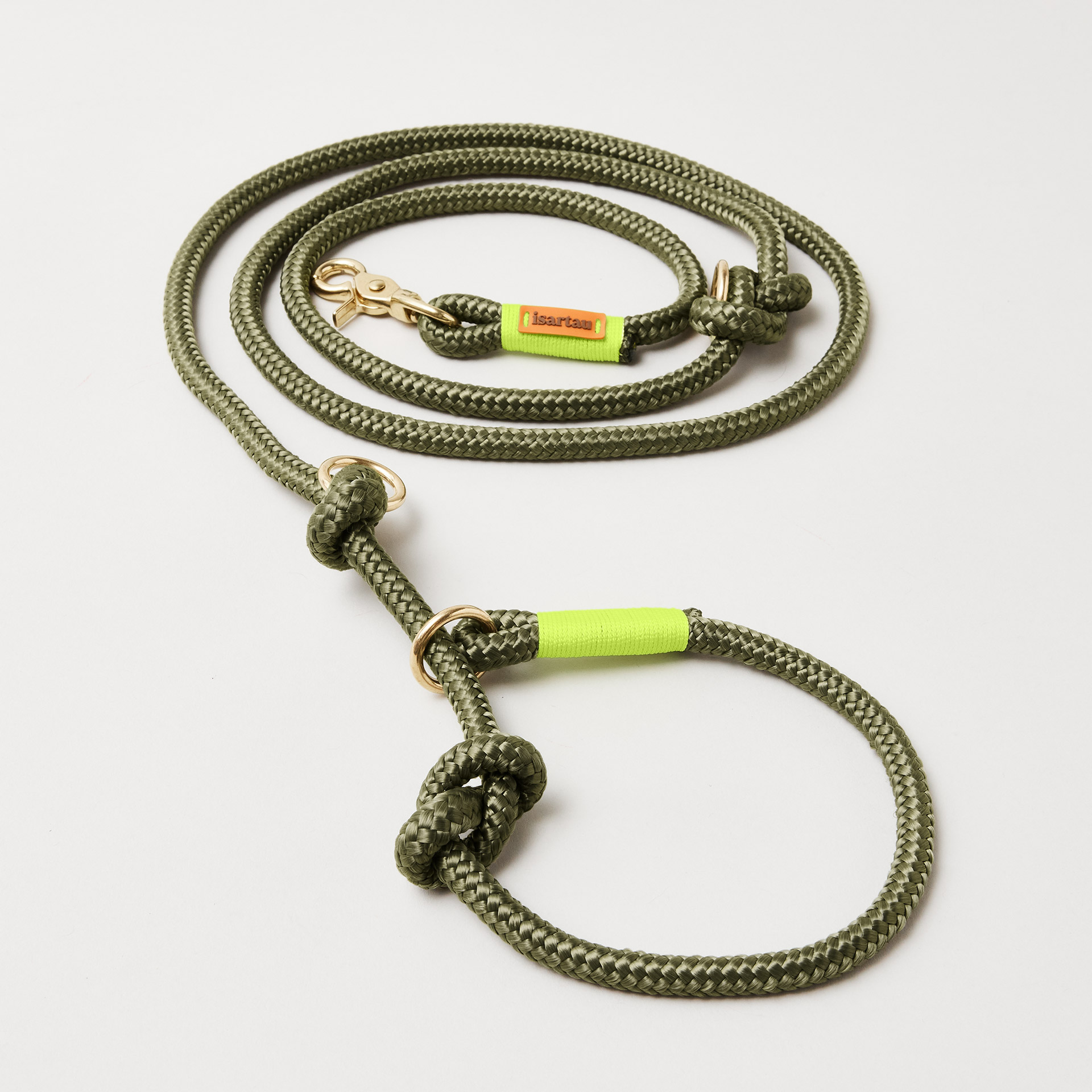 Retrieverleine aus Tau Olive Grove Neongelb, Halsung mit integrierter Leine, goldene Messingkarabiner, 2-fach längenverstellbar, erhältlich in 8 und 10 mm