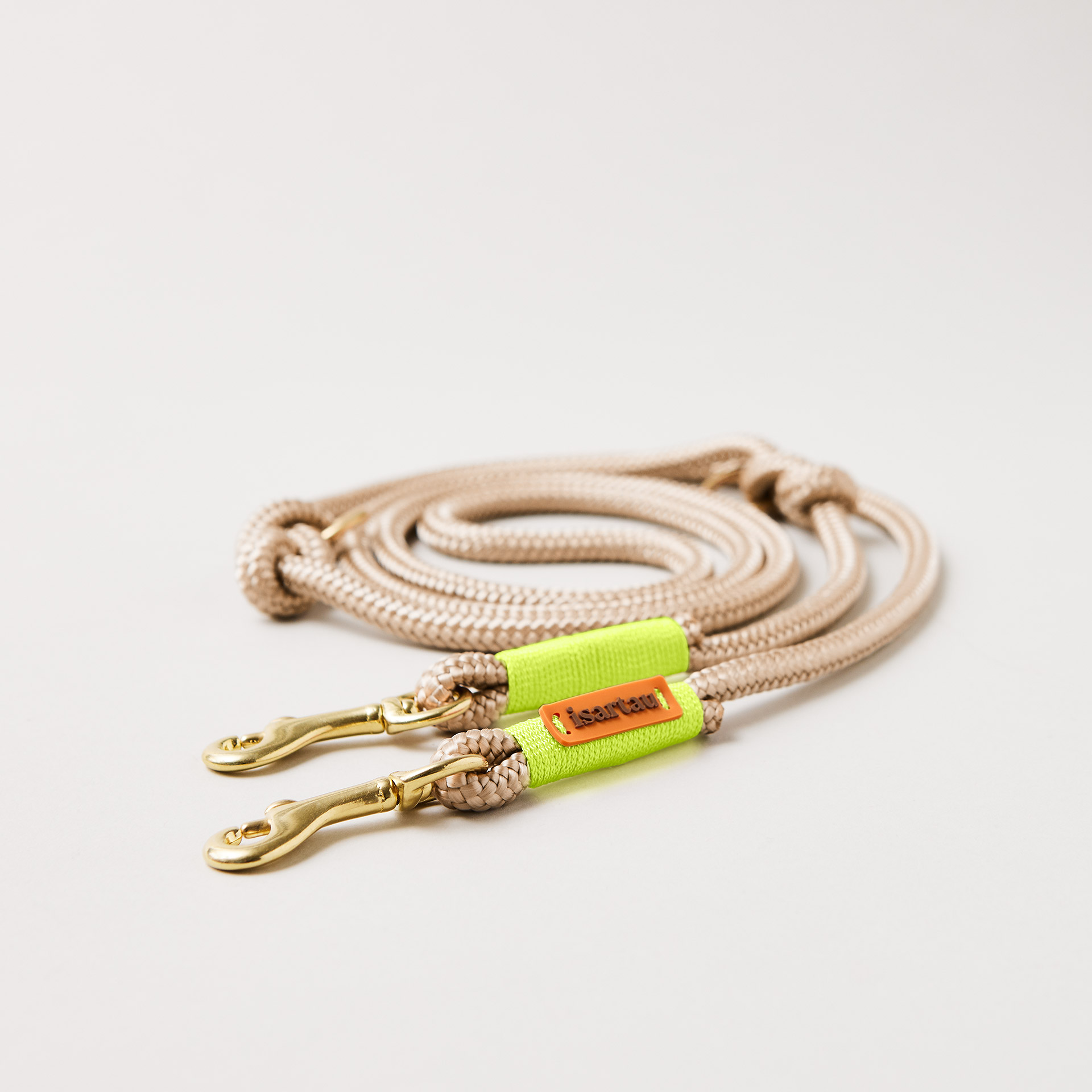 Tauleine Wood Owl Neongelb, verstellbar mit Mini-Bolzenkarabinern in Messing, farblich abgestimmt in Beige und Neongelb, längenverstellbar