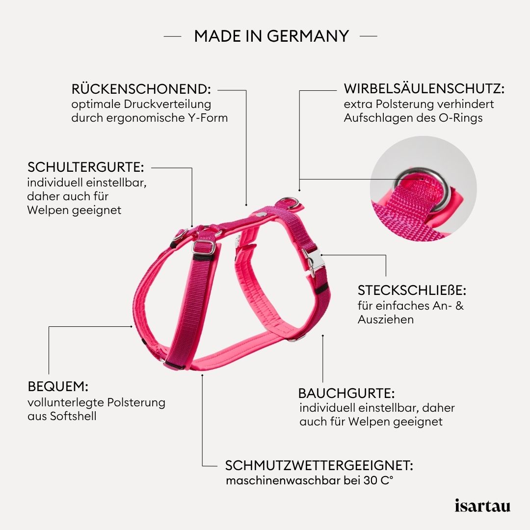 Goldfarbene verstellbare Schieber im Schulterbereich des neonpinken Hundegeschirrs