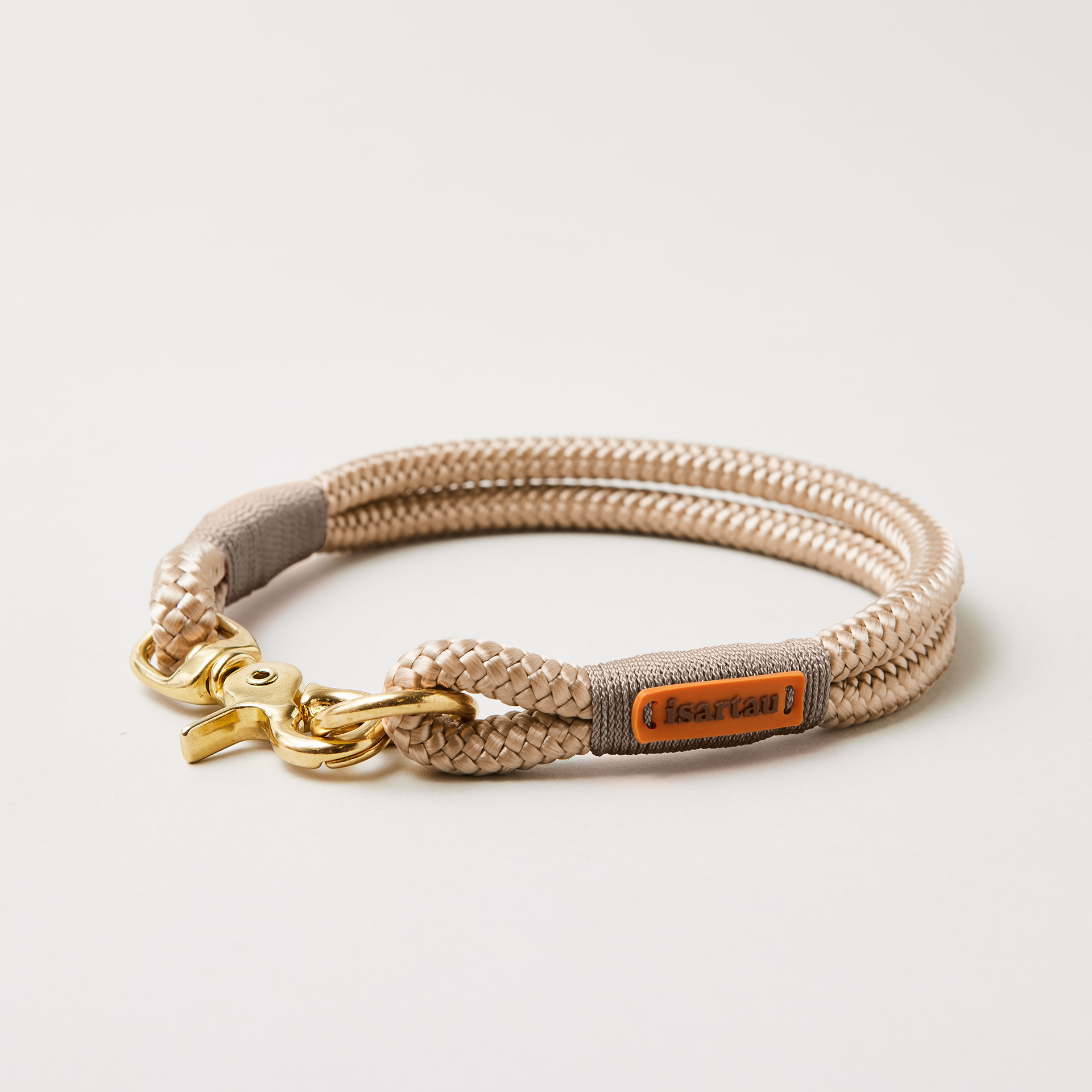 Hundehalsband Wood Owl Sand 10 mm mit Messing-Beschlägen, beiges Tau mit sandfarbener Takelung