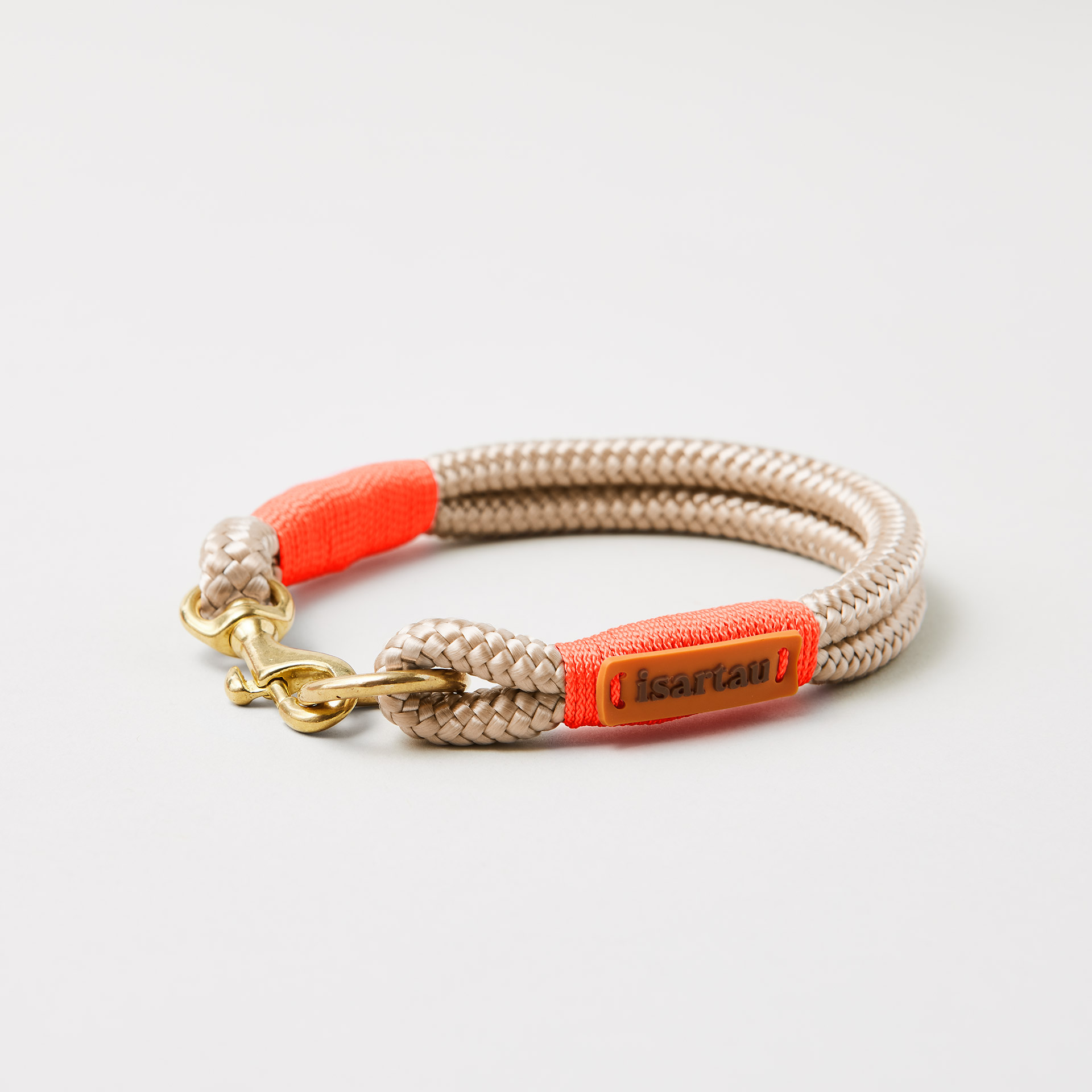 Tauhalsband Feste Halsung Wood Owl Neonorange 8 mm, Messing-Beschläge, beiges Tau mit neonoranger Takelung