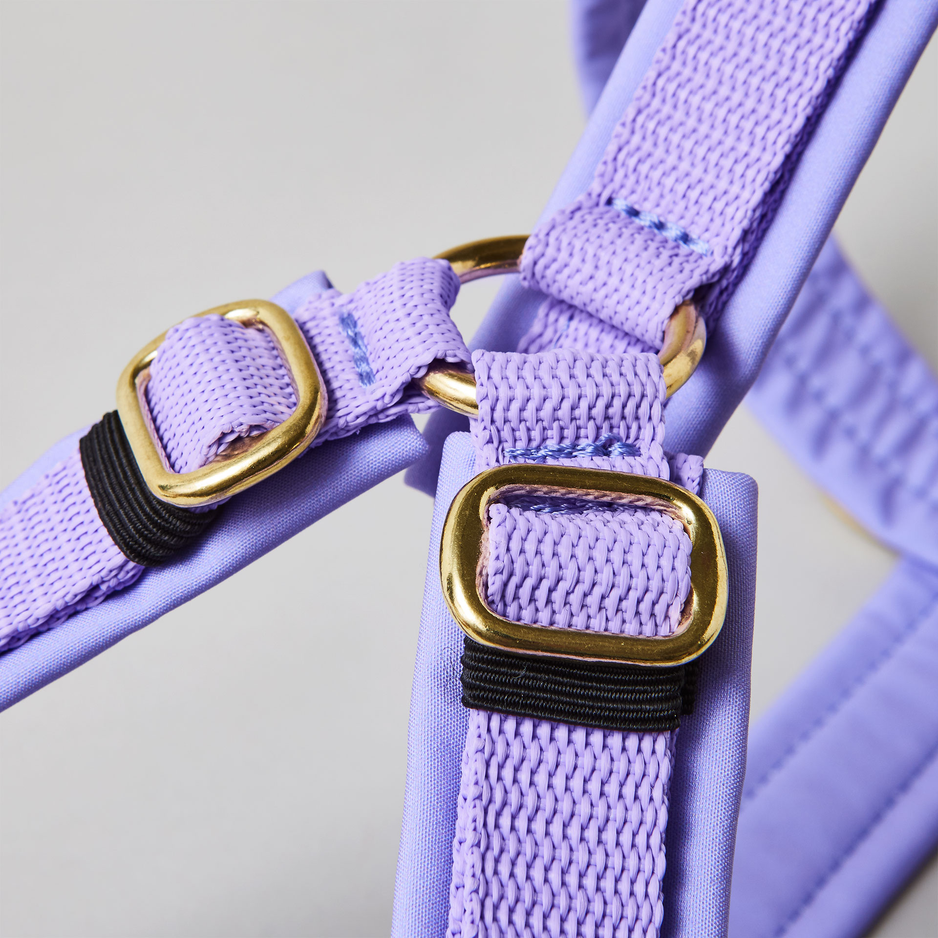 Goldfarbene verstellbare Schieber im Schulterbereich des lavendelfarbenen Hundegeschirrs